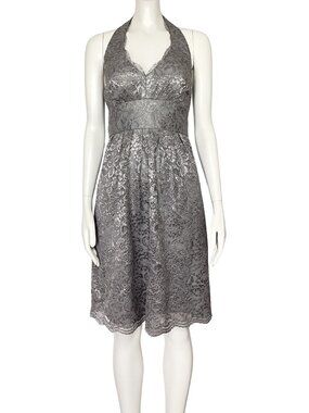 NWT David’s Bridal Gray Silver Lace Halter Dress Sz 10 Bridesmaid Metallic Short